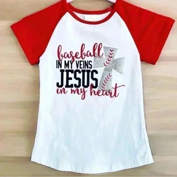 Girls Shirt Baseball In My Veins Jesus In My Heart Glitter Cross Jersey M (6-7) - Picture 1 of 13